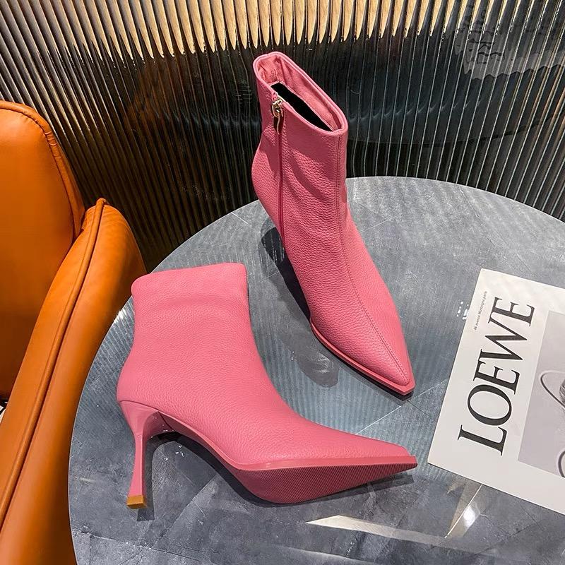New Style Luxury Pink Stiletto Boots Women's Solid Pointed Toe Footwear Side Zipper Leather Casual Party Shoes Thin High Heels