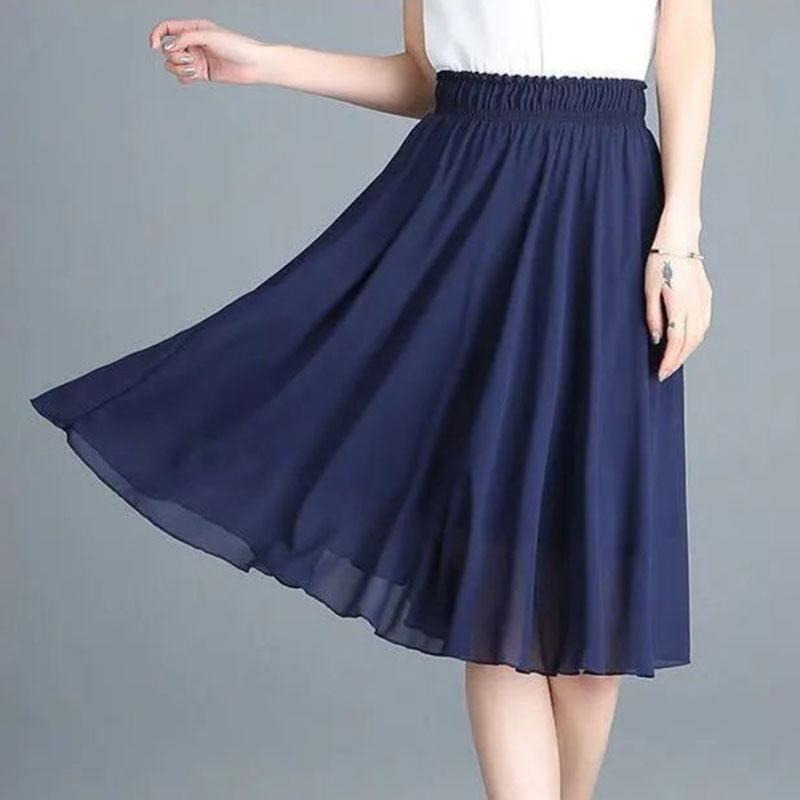 Chiffon Skirt Elastic Waistband Design Solid Color Women's High Waisted Dance Skirt Medium Length A-word Draping Long Skirt Commute Simple Casual