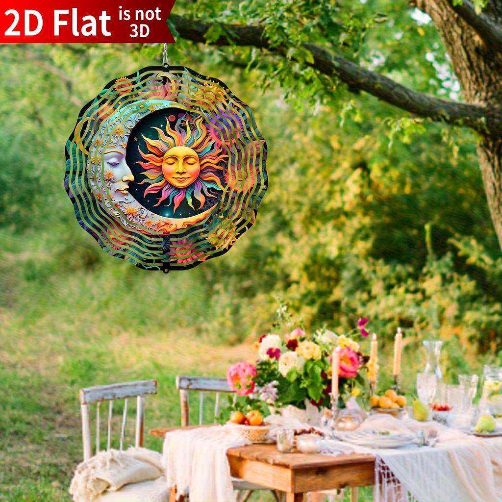 Moon & Sun Wind Spinner. Round Kinetic Metal Art for Indoor/outdoor Holiday Gifting.