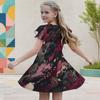 Girls Round Neck Flutter Sleeve A Line Flared Hem Printed Dress