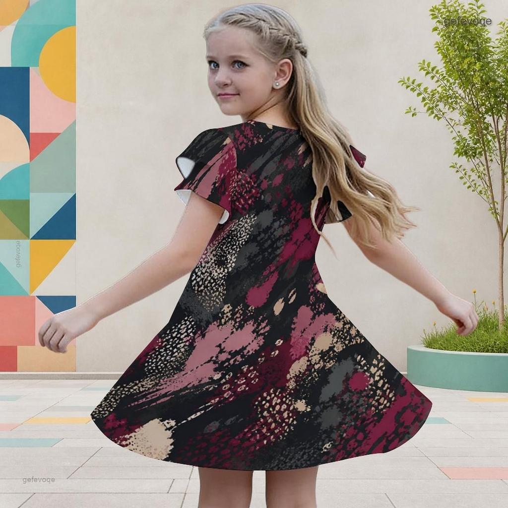 Girls Round Neck Flutter Sleeve A Line Flared Hem Printed Dress