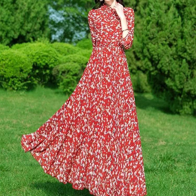 Floral Chiffon Long Sleeve Maxi Dress for Women - Spring/Autumn Slim Fit
