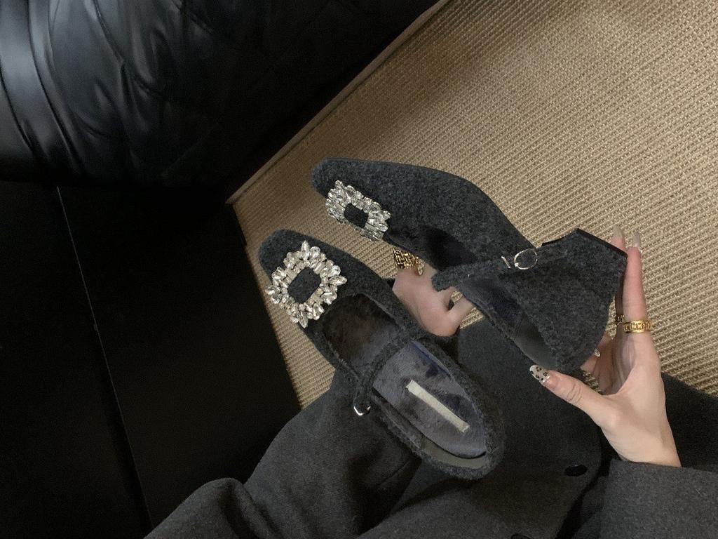 Thick heel high heel square head gray rhinestone single shoes women's season plush Mary Jane fluffy shoes