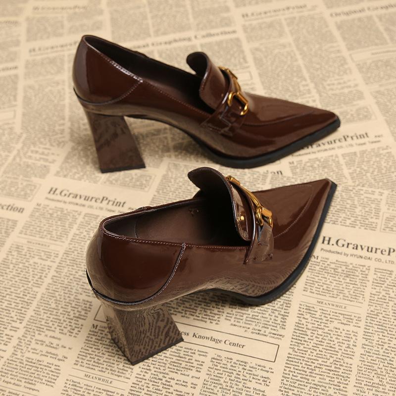 7912-2 Spring deep-mouth thick-heeled single shoes 2025 popular commuter uniform versatile pointed high-heeled small leather
