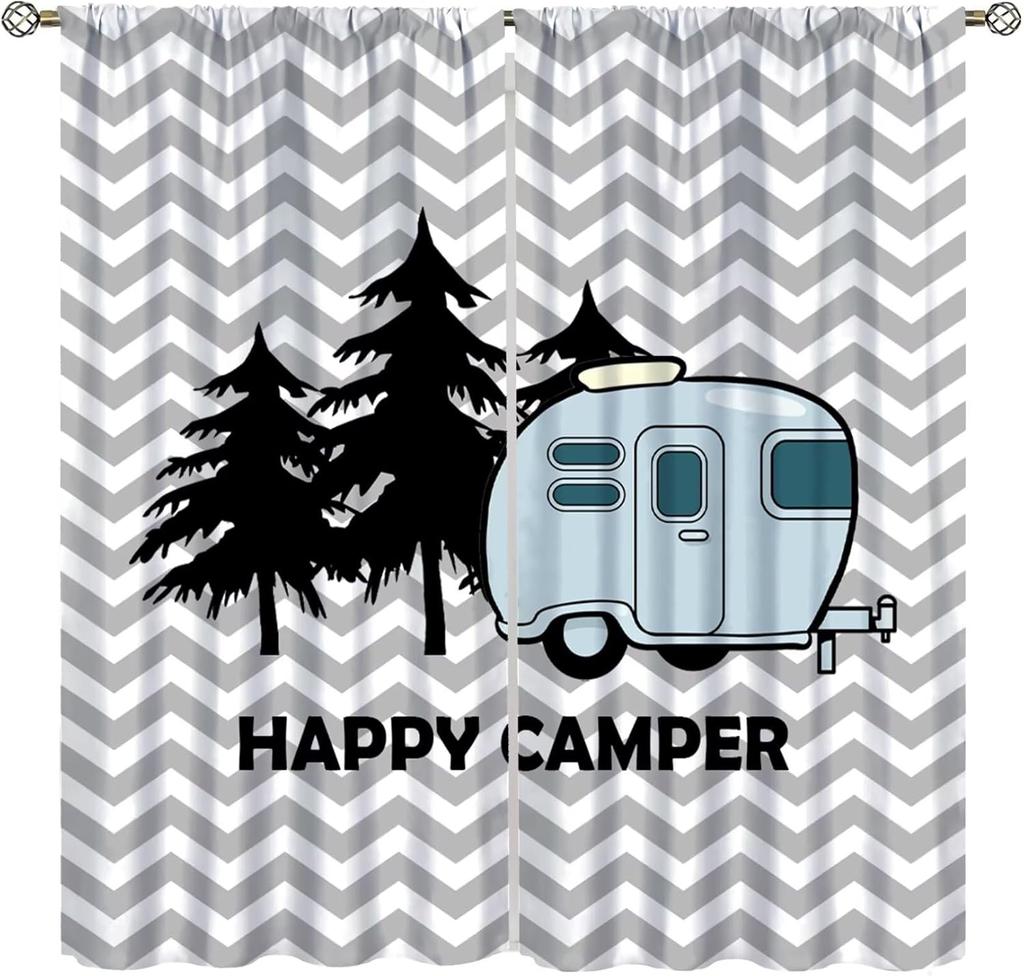 Retro Happy Camper Curta,Rustic Wood Plank Camping Travel Trailer Blackout Rod Pocket Window Curtain,For Boys Girls Living