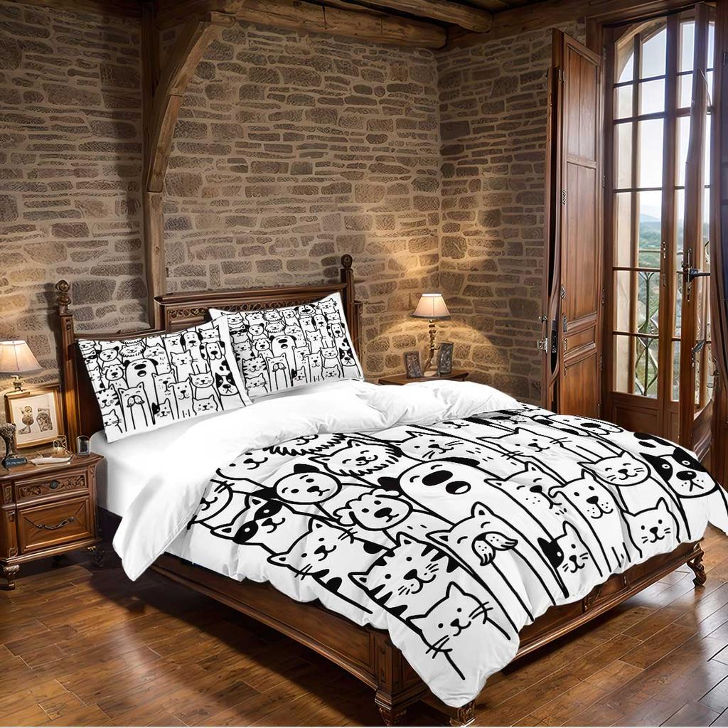 3pcs Duvet Cover Set King Size Cartoon Black and White Cat and Dog Pattern Print and Bedding Set for BedroomHotel