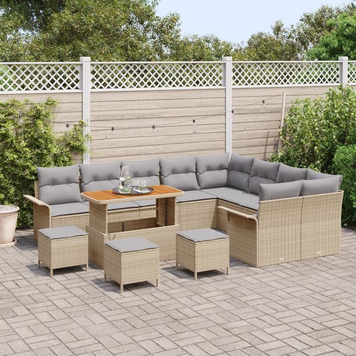 Set de canapé de jardin de 13 pièces avec coussins beige rattan poly acacia, Canapé de jardin 2 places avec rangement 3364132