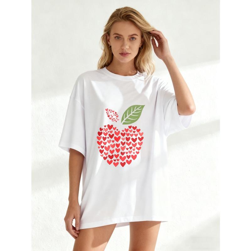 Black Oversized T Shirt With Heart Apple Print For Casual Wear