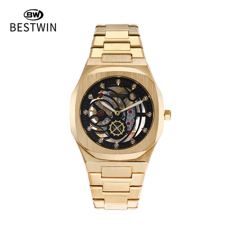 

BESTWIN Чоловічий Модний Годинник з Порожнистим Циферблатом і Застібкою-Метеликом - Кварцовий Наручний Годинник з Прозорою Задньою Кришкою