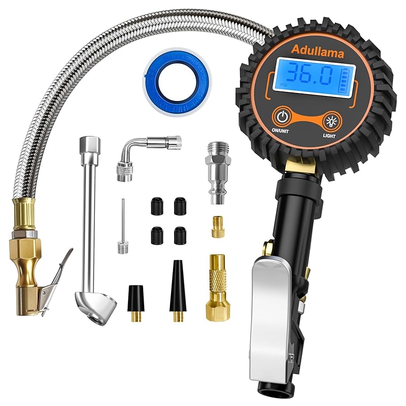 Digital Tire Pressure Gauge With Inflator, 250 PSI Heavy Duty Air Chuck Air Compressor Attachments, Improved Leaks Protection & Stainless Braided