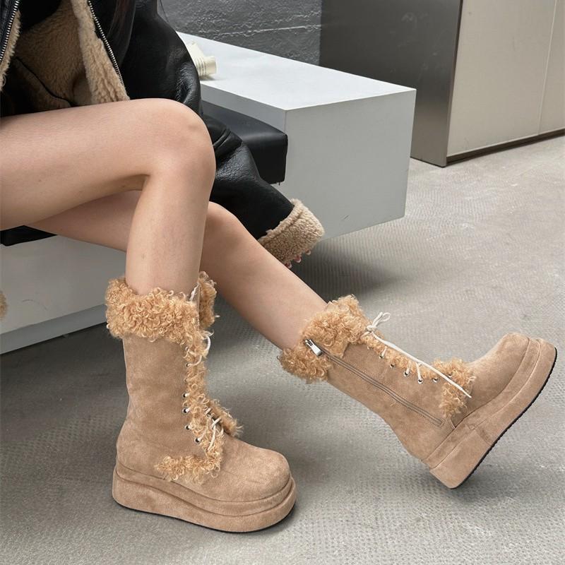 Winter Retro Thick-soled Velvet Knight Boots Warm Mid-tube Martin Strap-on Boots Fluffy Snow Boots Women