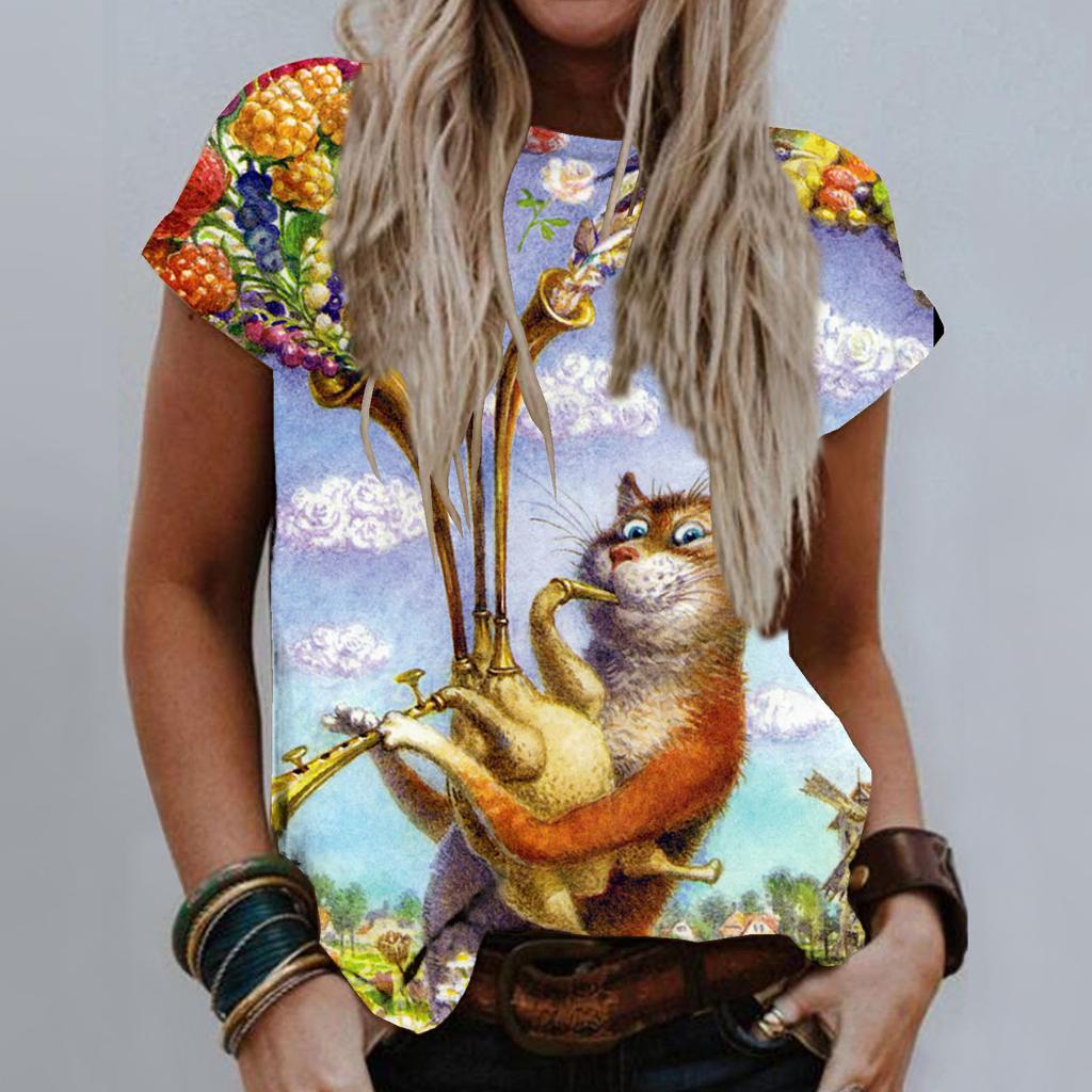 Sommer Rund Hals 3D Kattetrykk Topp Moteabel Casual Kort Ermet Dame T-skjorter