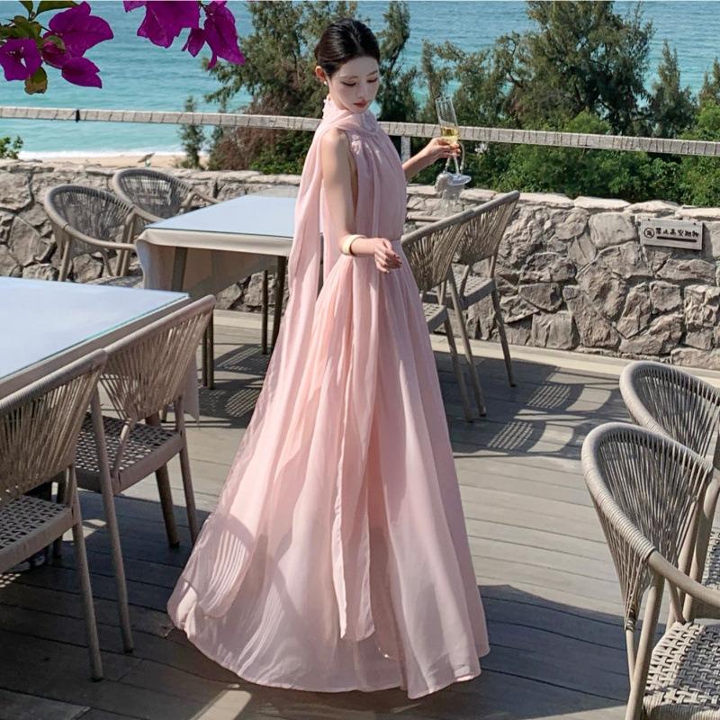 Pink Sleeveless Backless Dress Shows Thin Temperament Gentle Seaside Vacation Wear Long Dress Summer