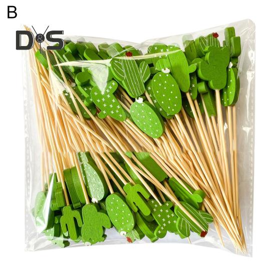 100 Pcs Food Picks Disposable Bamboo No Harm Cactus Shape Salad Sticks for Banquet