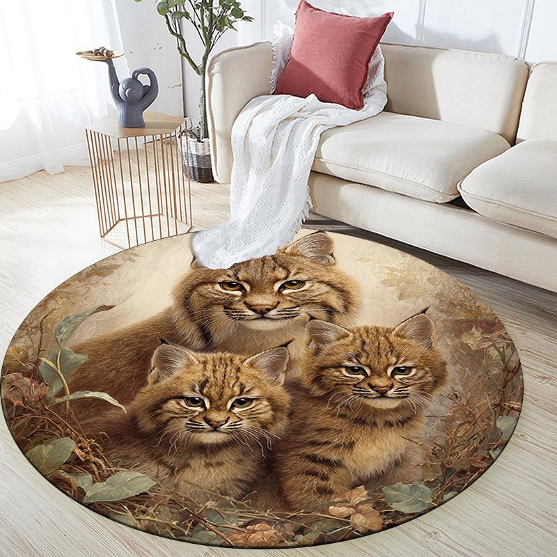 Lynx and Raccoon Round Area Rug,Carpet Rug for Living Room Bedroom Sofa Playroom Decor,Non-slip Floor Mat