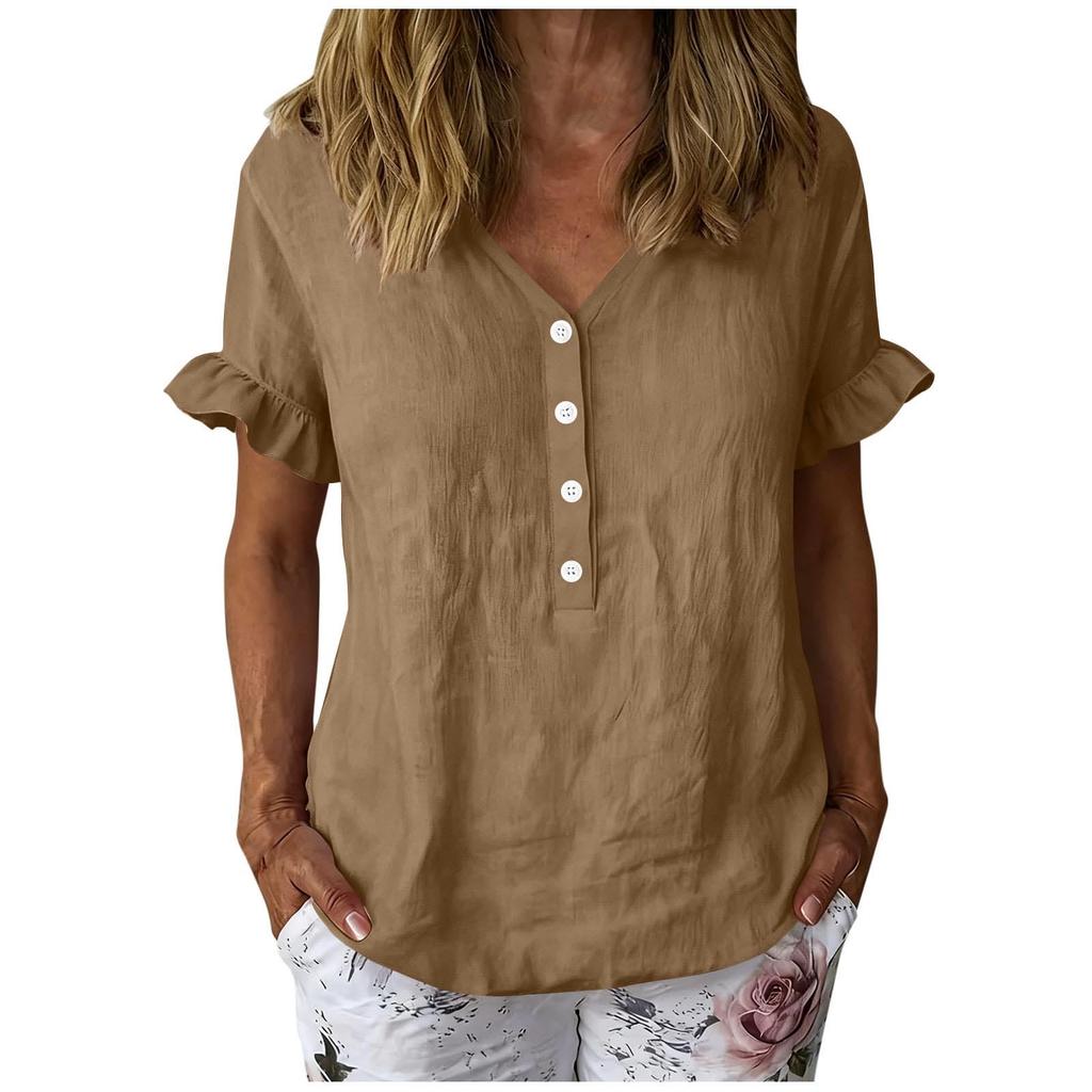 Women’s Casual Button Front Ruffle Sleeve Shirt Loose Fit Cotton Linen Blouse Relaxed Fit V Neck Top for Daily Wear
