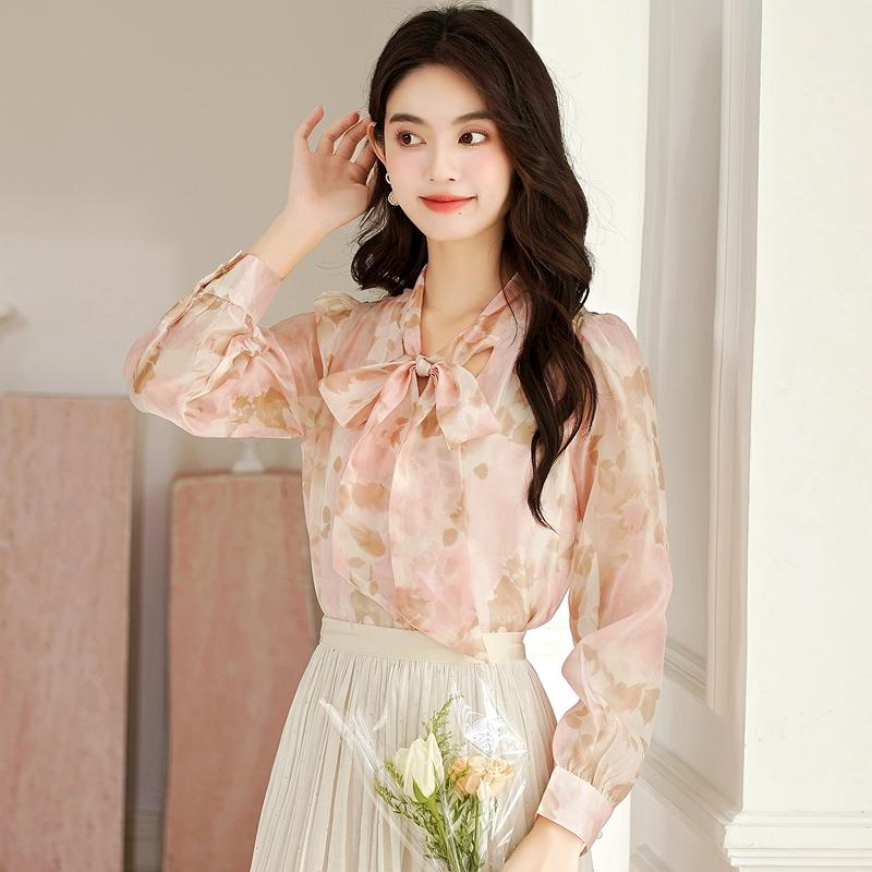 Fashion New Autumn Long Sleeve Lace-Up Bow Collar Print Chiffon Blouse Shirt Women Tops Blouses Shirts J415