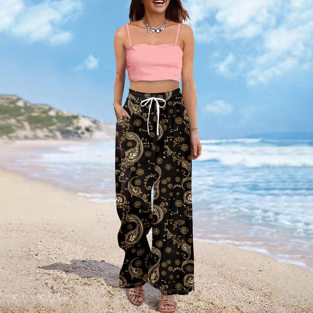 Damen Sommer Boho Palazzo Hose Hohe Taille Weites Bein Blumendruck Freizeithose Mit Taschen