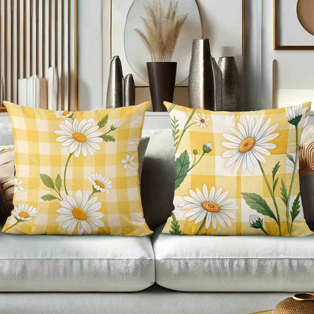 Yellow Checkered Daisy Patterned Decorative Cushions Polyester pillowcase, sofa decorative cushion cov Headboard Pillow