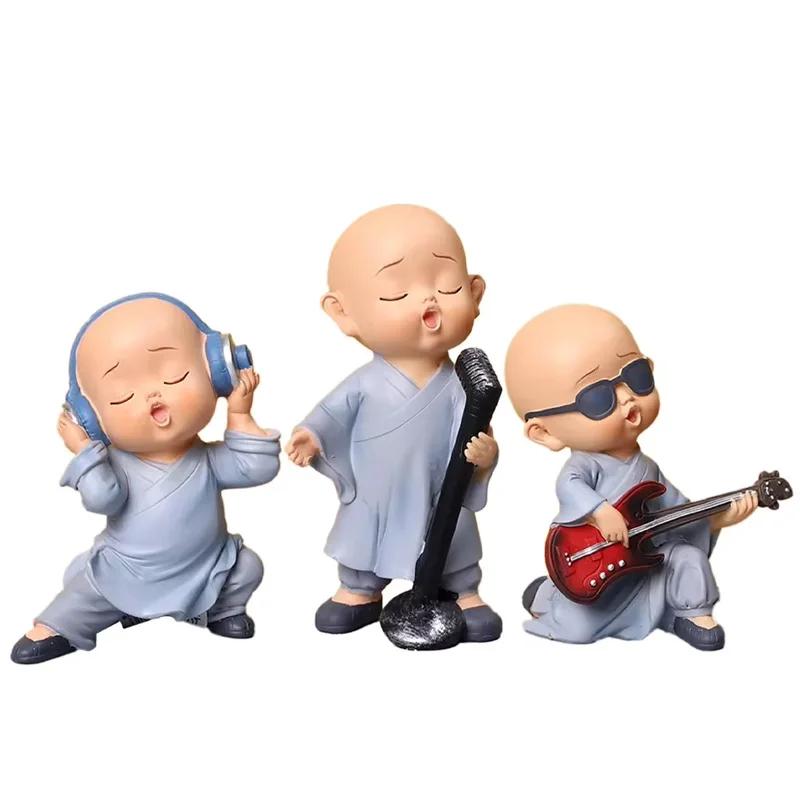 

Декор салона автомобиля 3 шт. Полимерные фигурки монахов-музыкантов, украшения на приборную панель, креативные монахи с гитарой, барабанщик, милые аксессуары для автомобиля