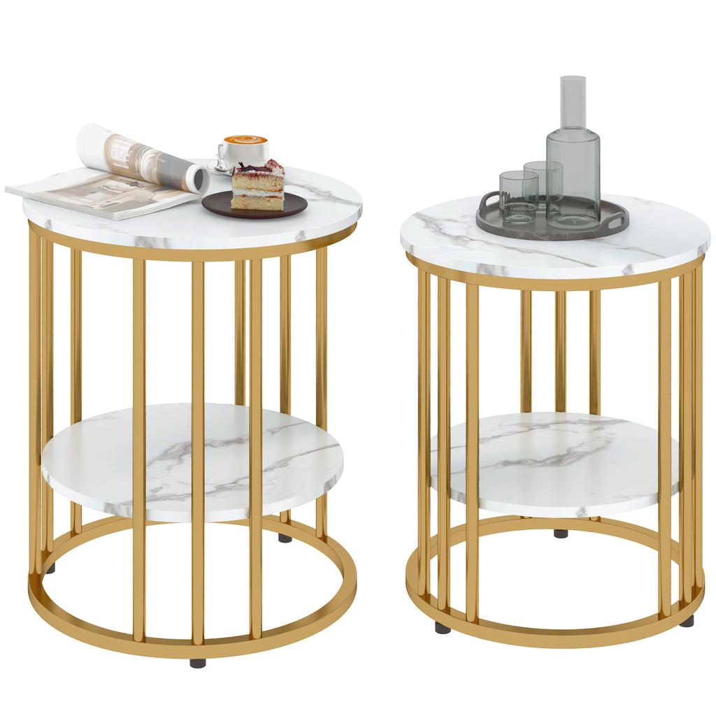 Set of Two Marble-Effect Coffee Tables - White/Gold-Tone