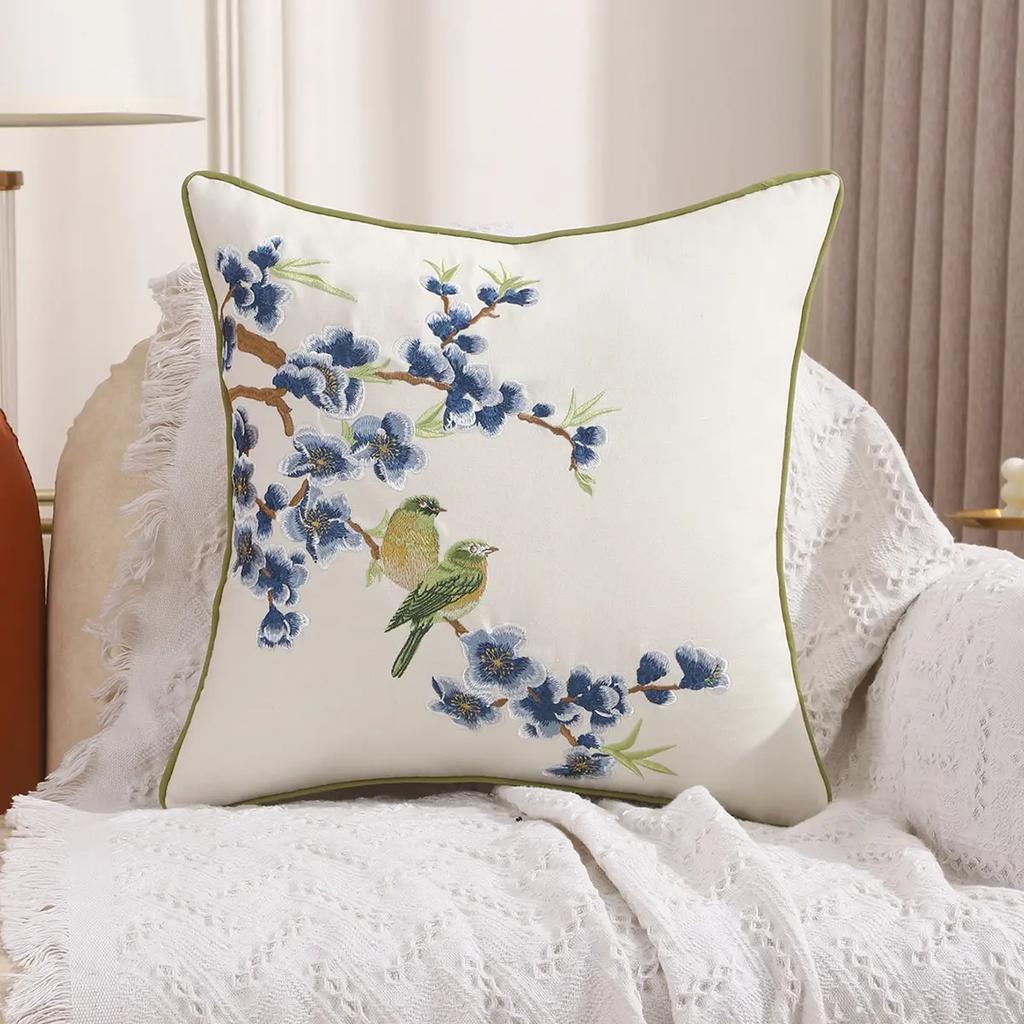VIKAMA Floral And Bird Print Cushion Cover Rustic Style Fresh Floral Pattern Cushion Living Room And Bedroom Decorative Cushion