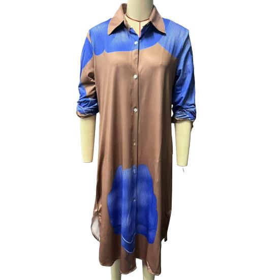 Women V-neck Patchwork Printed Top And Pants Suit Contrasting Color Commuting Set Wide-leg Trousers And Extra-length Top Loose Fit