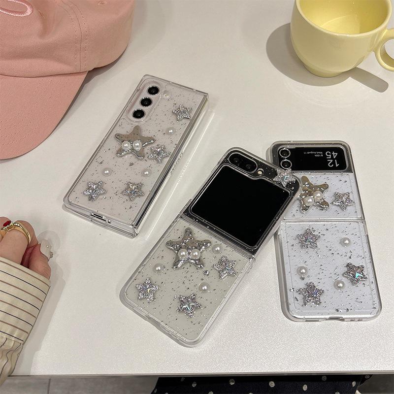 Samsung Z Flip 8/Z Fold 7 Glitter Pearl Hard Case with Stars, Transparent, for Women