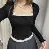 Women's Spring Autumn Fitted Tops Long Sleeve Square Neck Lace Trim Slim Fit T-shirt