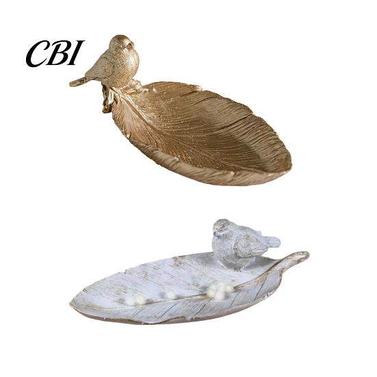 Resin Trinket Tray Elegant Bird Leaf Shaped Dish, Jewelry Tray, Vintage Gold Ring Tabletop Storage Holder for Nightstand Dresser, Small Decorative