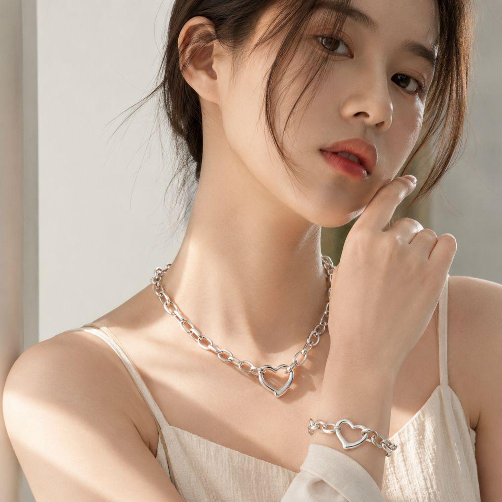 Stainless Steel Heart Necklace Polished Metal Bracelet Bangle Chain Bangle Anniversary Gift