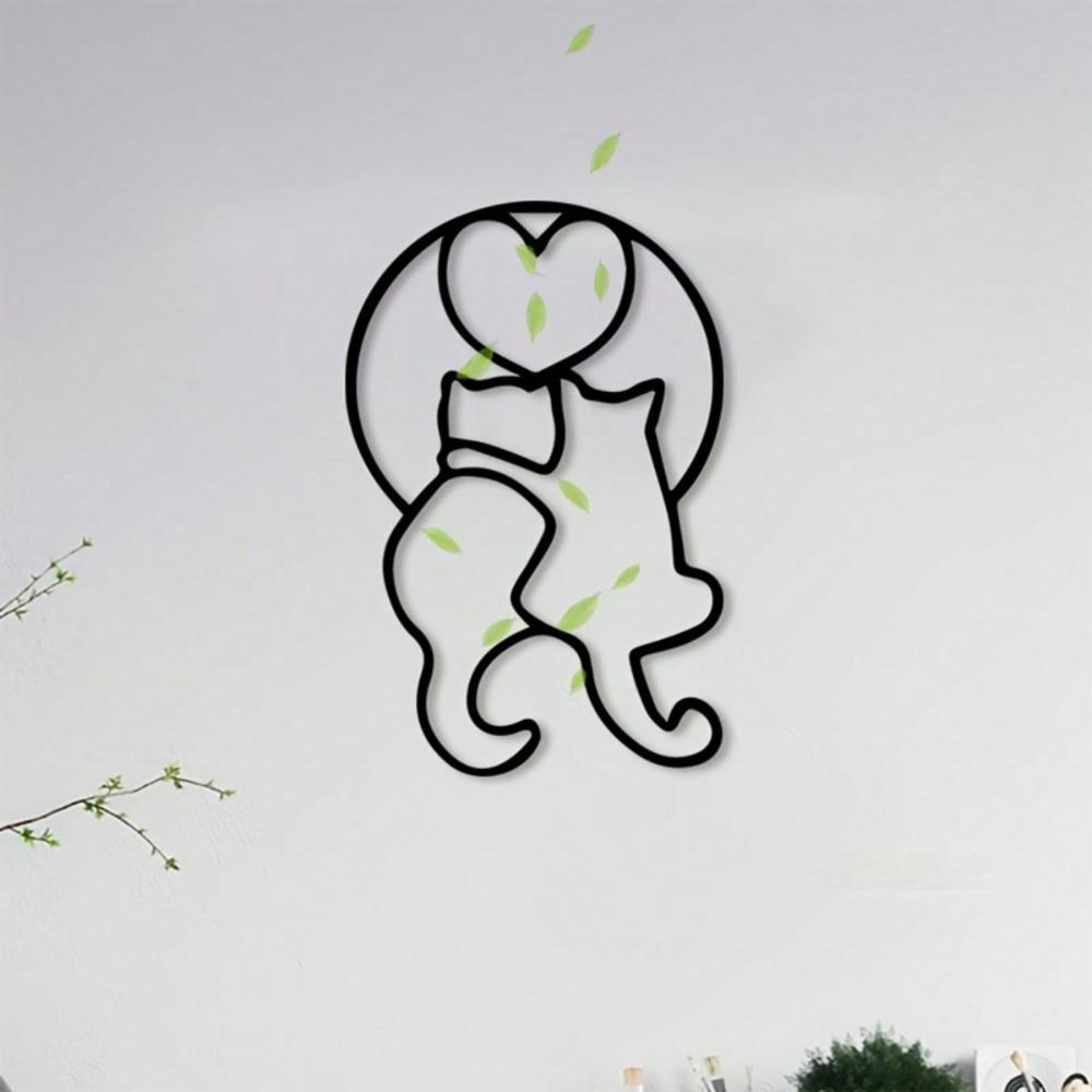 Minimalist Black Metal Double Cat Love Heart Wall Art Durable Iron Decor for Living Room Bedroom Office Vintage Home Gift