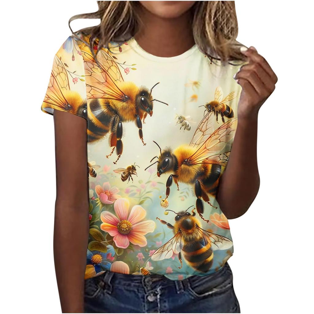 Cute Honey Bee Graphic 3D Print T-Shirts Women's Short Sleeves Elegant T Shirt Streetwear Y2k Harajuku Tees Tops Female Clothing