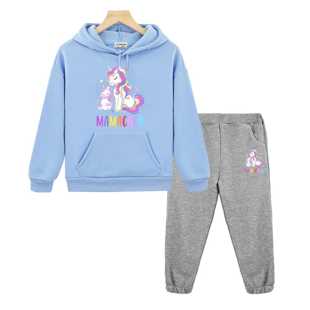 Unicorn Print Boys Girls Hooded Sets Kawaii Anime Hoodie Autumn Sweatshirt Fleece Pullover Cartoon 2PCS Jacket+Pants Kids Boutique Clothes