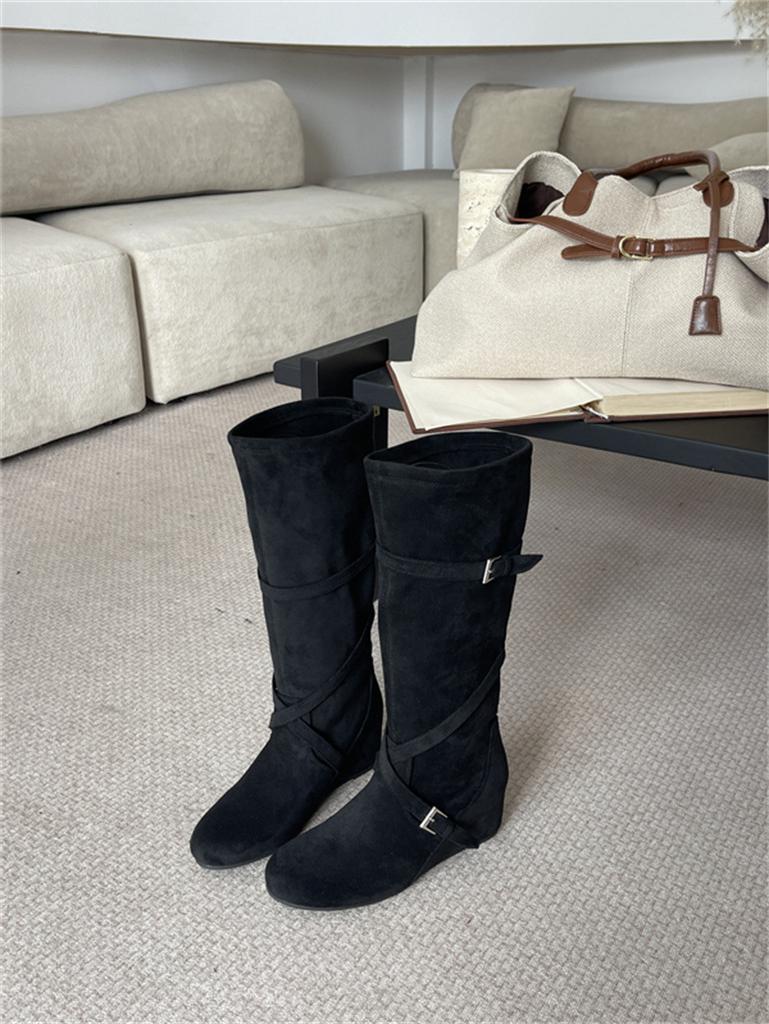 New Retro Matte, Height Increased by 6cm~ Korean Round Head Buckle with Soft Folds and Thin High Boots for Women's Autumn