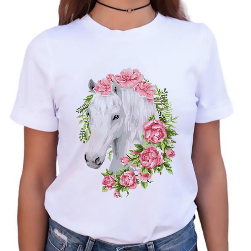 Womens Tshirt Stylish O-Neck Short Sleeve Cartoon Horse Simple Female Tee Tshirts Summer Clothes White Tops 90S Female T Shirt