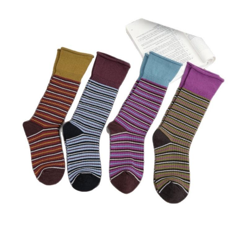 Autumn and Winter Color-blocking Striped High-slit Mid-calf Socks for Women's Fashion Pairs with Pure Cotton Puffy Long Socks