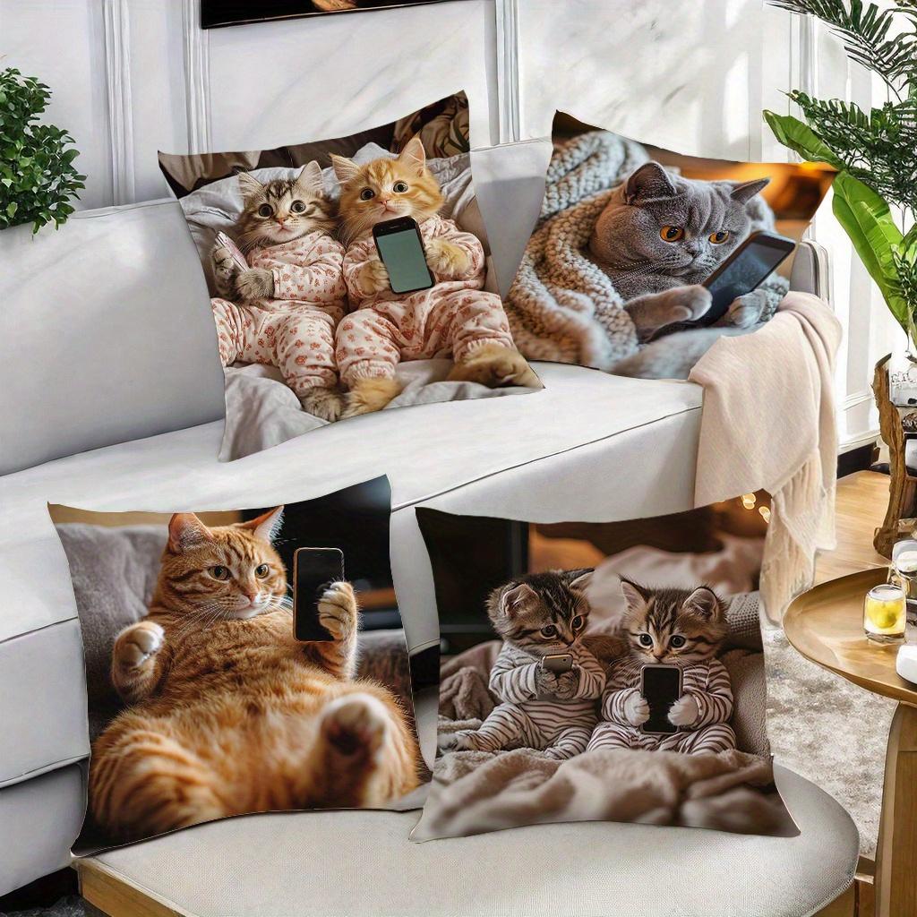 Moderne Katzen- & Smartphone-Druck Dekoratives Kissenbezug Reißverschluss Maschinenwaschbar Sofa Wohnzimmer Heimdekoration
