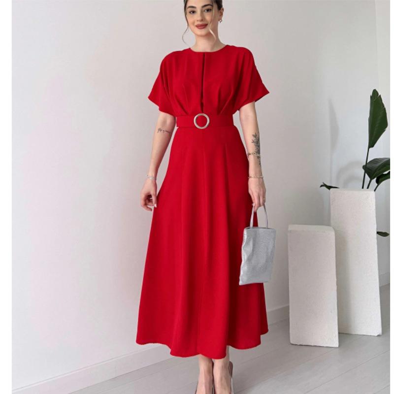 2024 Spring/Summer Pleated Drawstring Women's Maxi Dress - Solid Color Fashion