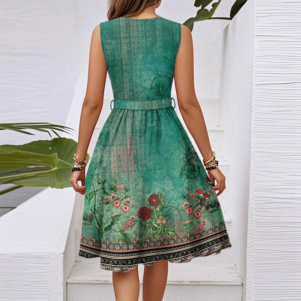 Damen Frühling Und Sommer Lässiges V-Ausschnitt Ärmellos Tailliertes Vintage Bedrucktes Midi-Kleid