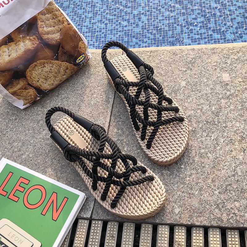 Summer New Korean Style Flat Bottom Sandals Women's Casual Beach Shoes Open Toe Knot Cross Rope Sandals Comfortable Ladies Flip