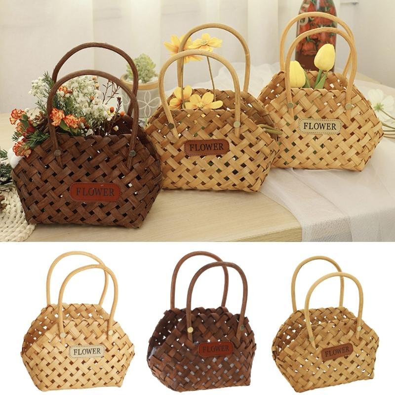 Hand-Woven Wood Flower Basket for Teacher's Day and Mother Day Online Celebrity Posing Props Portable Gift Basket