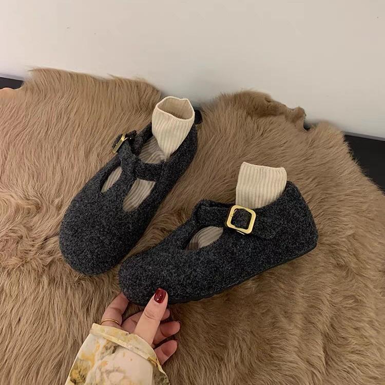 2025 Autumn and Winter High-end Gray Woolen Mary Jane Fluffy Shoes Women's Shoes Round Head Single Shoes Velvet Cotton Shoes