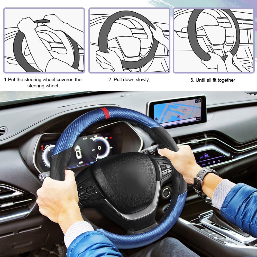 Carbon Fiber Car Steering Wheel Cover, Universal 15 inch Breathable Anti Slip Steering Wheel Covers, Car Interior Accessories Steering Wheel