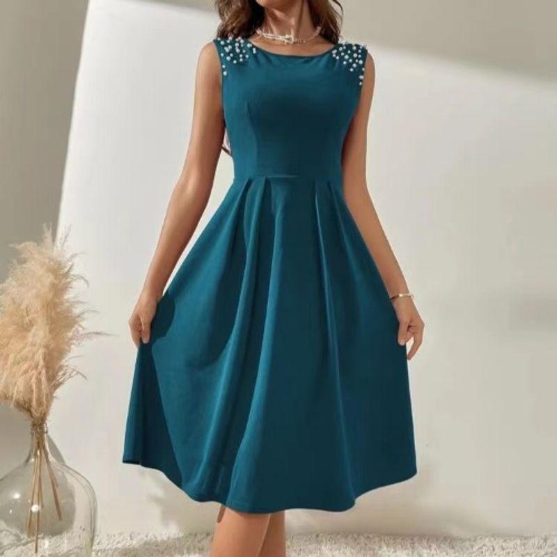 

Pleated Summer round Neck Slim-Fit Sleeveless Dress Beaded Peacock Blue XL