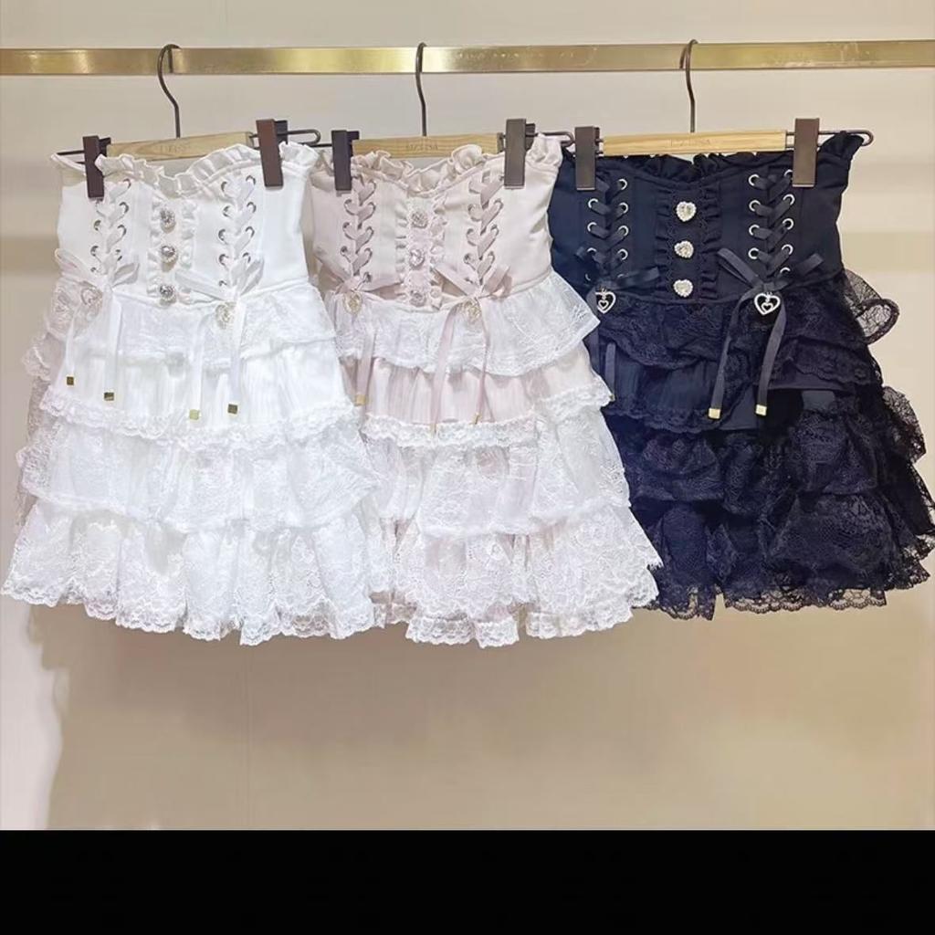 Japanese Sweet Lolita Style Mini Skirt Women Elegant Lace Bandage Party Cake Skirts Female Gothic Y2k Metal Buckle Skirt
