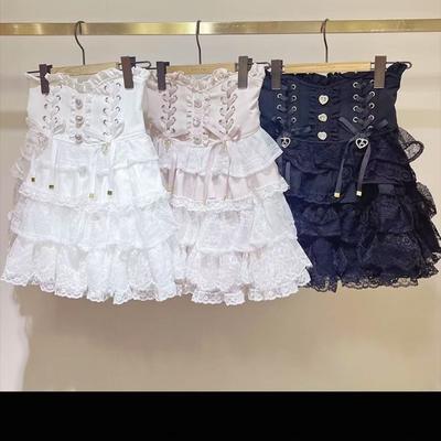 Japanischer Süßer Lolita Stil Minirock Damen Eleganter Spitzenbandagen Party Kuchenröcke Weiblich Gothic Y2k Metall Schnalle Rock