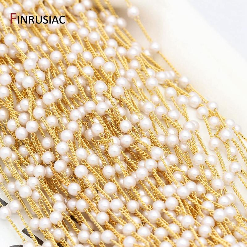 

Korean 4mm Pearl Beads Chain For DIY Jewellery Making 14k Gold Plated 1.2mm Metal Chain Pearl Chain Wholesale Length 50cm