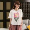 DIMANAF 2025 Summer Cotton T-shirt Women Flower Printing Short Sleeve Loose Green Blue T-shirt