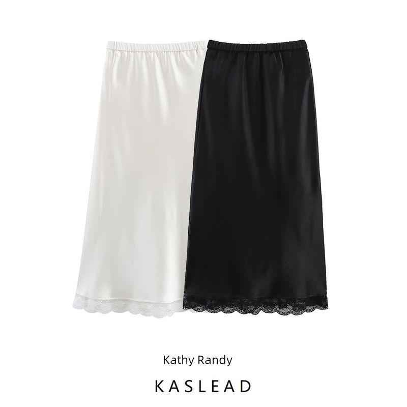 Kaslead New Women clothes Western Style Fashion Acetate Satin Lace Elastic Waist Skirt Long dress